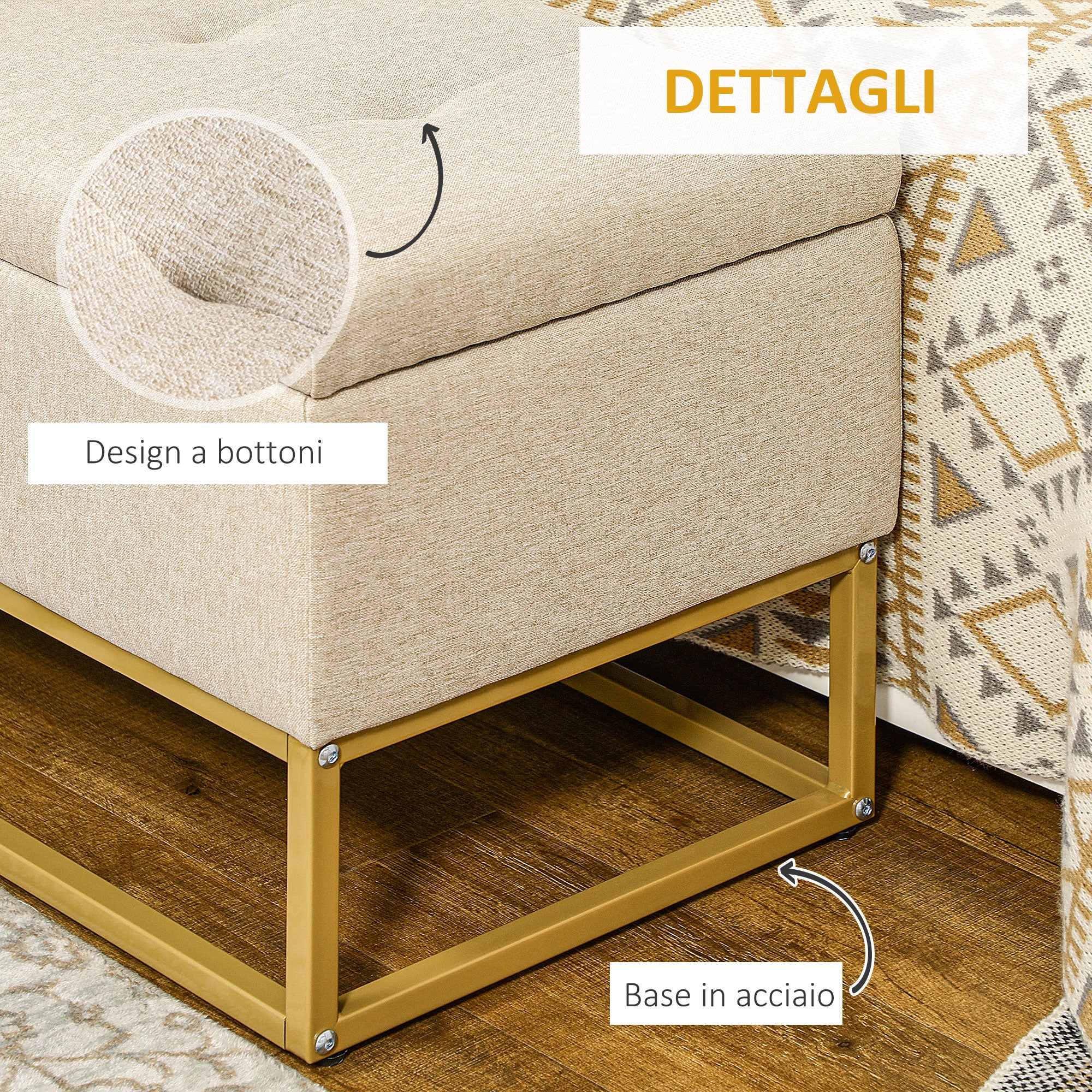 Easycomfort Panca con Contenitore in Poliestere Trapuntata con Gambe in Acciaio d'oro, 110x44x48cm, Beige
