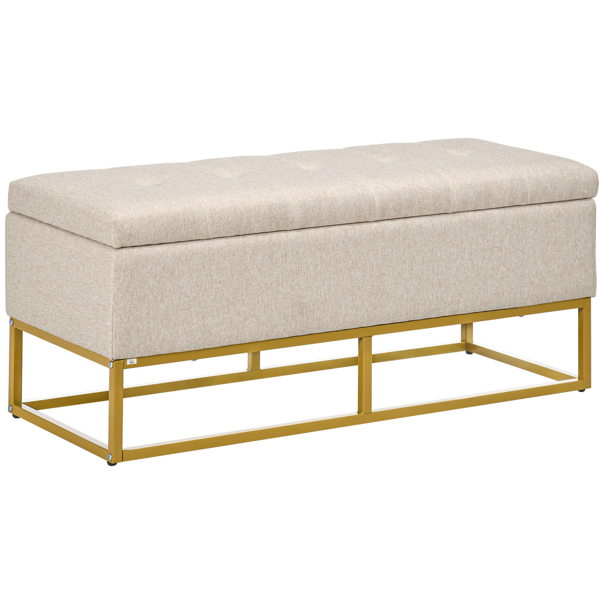 Easycomfort Panca con Contenitore in Poliestere Trapuntata con Gambe in Acciaio d'oro, 110x44x48cm, Beige