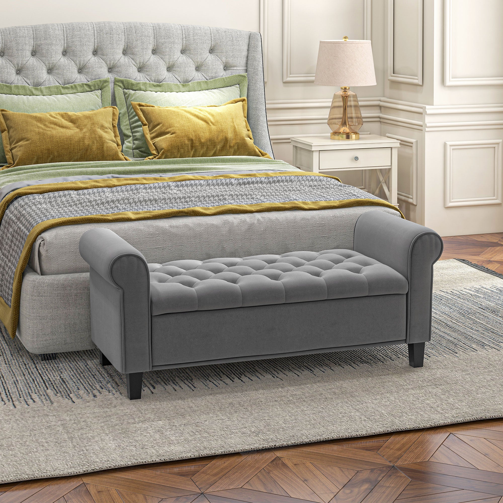 Easycomfort Panca Fondo Letto in Tessuto Vellutato con Spazio Portaoggetti e Braccioli, 126x48.5x57 cm, Grigio