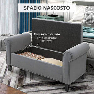 Easycomfort Panca Fondo Letto in Tessuto Vellutato con Spazio Portaoggetti e Braccioli, 126x48.5x57 cm, Grigio