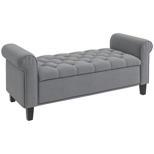 Easycomfort Panca Fondo Letto in Tessuto Vellutato con Spazio Portaoggetti e Braccioli, 126x48.5x57 cm, Grigio