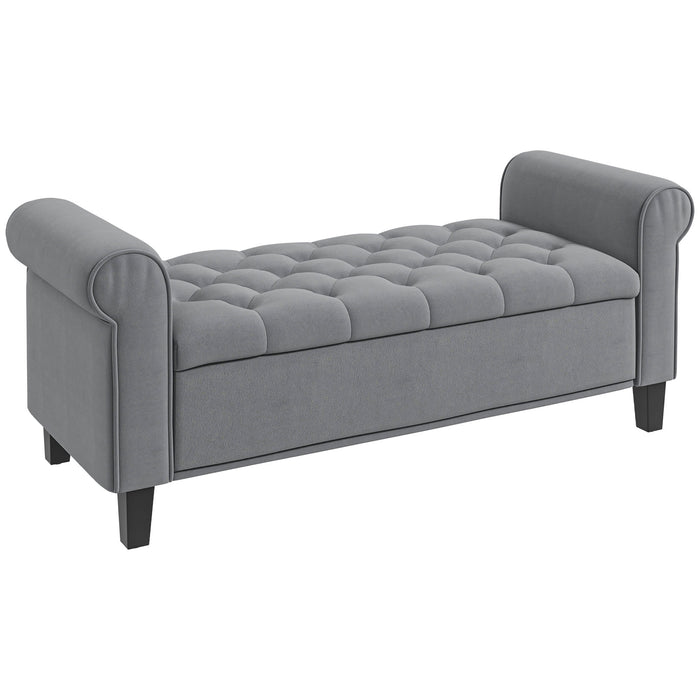 Easycomfort Panca Fondo Letto in Tessuto Vellutato con Spazio Portaoggetti e Braccioli, 126x48.5x57 cm, Grigio