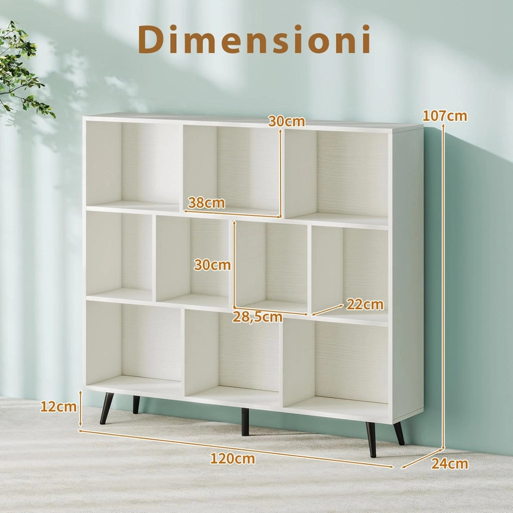 Libreria a 10 Cubi, Organizzatore di Stoccaggio Moderno con 5 Gambe di Metallo, Scaffale per Esposizione con 2 Kit Anti-Ribaltamento per Soggiorno Studio Camera da Letto, Bianco (120x24x107cm)