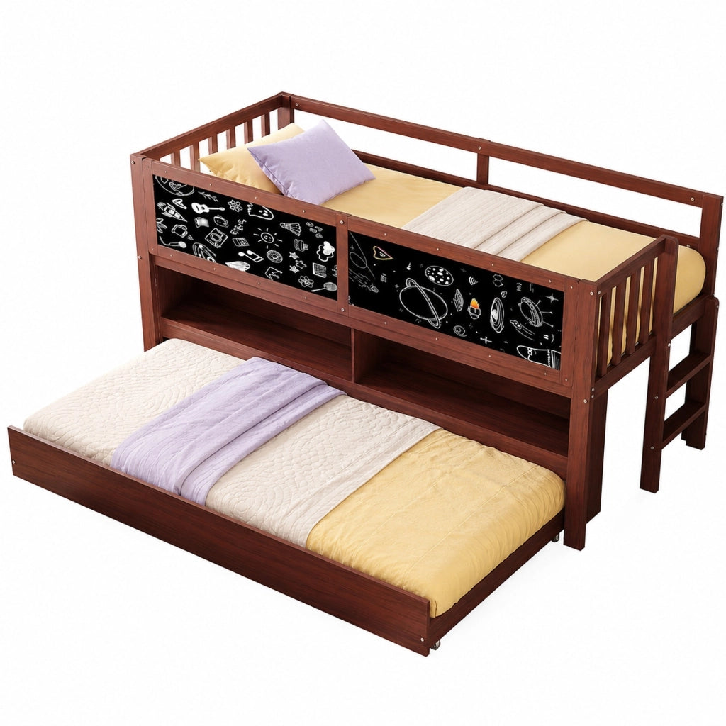 LETTO per bambini 90x200 cm con letto estraibile lavagna e vano a giorno marrone