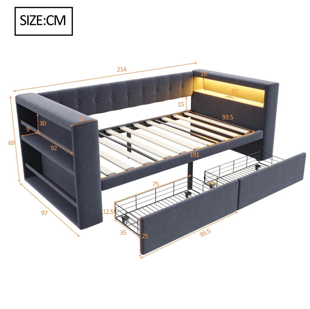 Divano letto multifunzionale con LED, prese e ampio spazio contenitivo