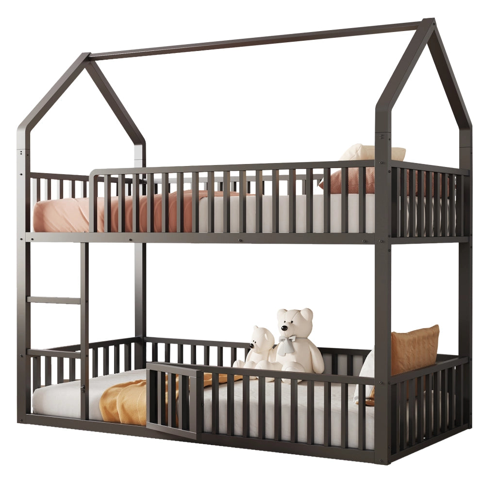 Letto a Castello 90x200 cm con Scala Frontale e Porta Apribile in Metallo Nero