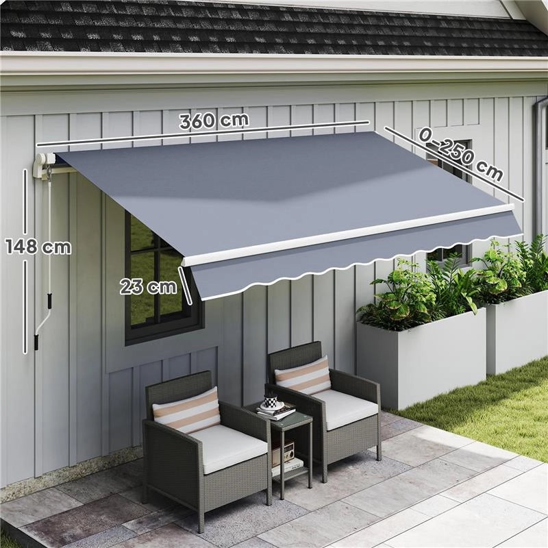 TENDA DA SOLE PER ESTERNO A BRACCI AVVOLGIBILE CON APERTURA A MANOVELLA, 360X250 CM, GRIGIO