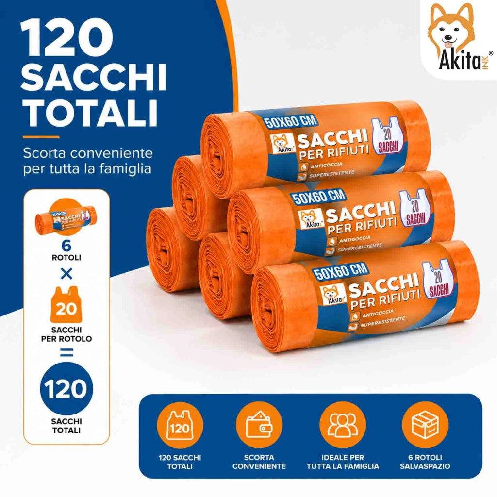 Akitaink 120 Sacchi Spazzatura 50x60 Arancio con Legacci