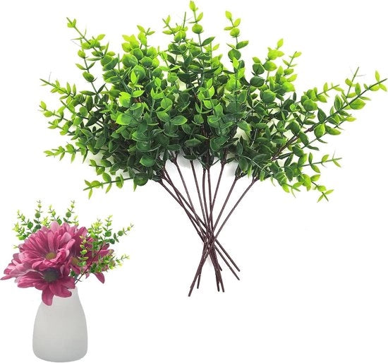 Set di stecchi di plastica verde da 10 pezzi per decorazione di matrimonio e camera da letto, Stecchi di plastica realistici da 28 cm con foglie.