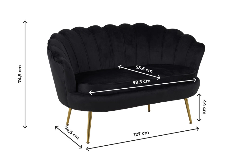 Divano Due 2 Posti In Velluto Forma Conchiglia Gambe In Metallo 133x63x75 Cm Camera Soggiorno Ufficio  Nero
