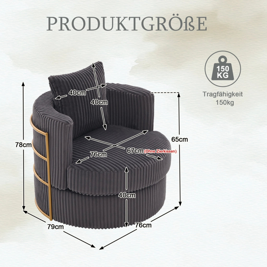 Poltrona girevole 360° in tessuto corduroy grigio; 76x79x78 cm; con vano contenitore