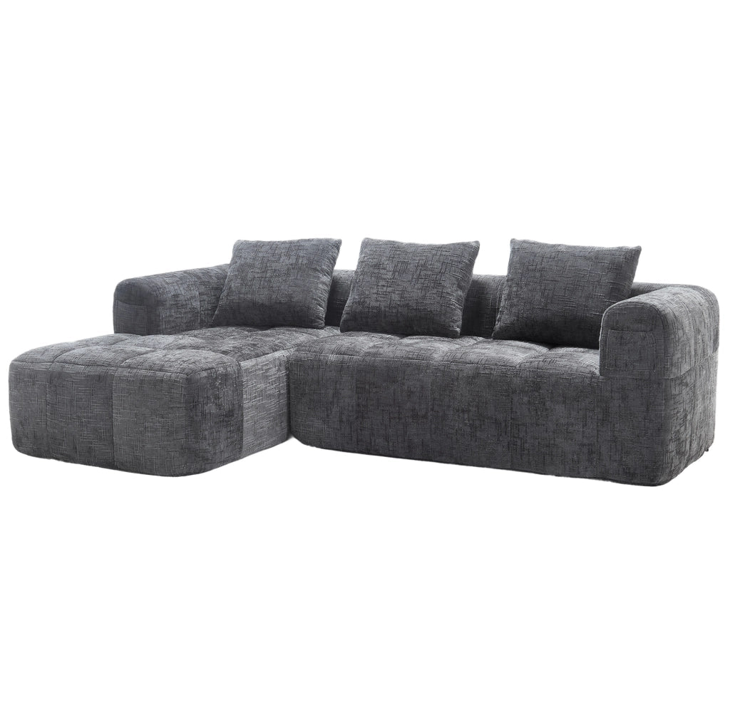 Divano componibile grigio in ciniglia con chaise longue e tasche