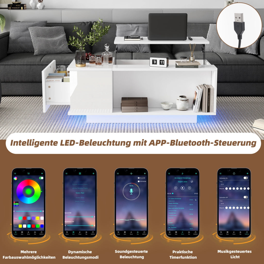 Tavolino da caffè alzabile con vano nascosto; cassetto e LED Bluetooth 100x50x40 cm bianco
