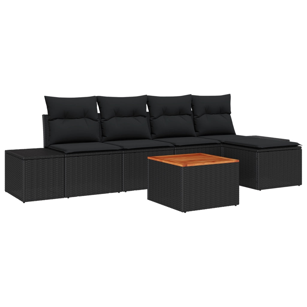 Set di 6 Pezzi Divano Giardino con Cuscini Rattan Polietilene Nero Acacia