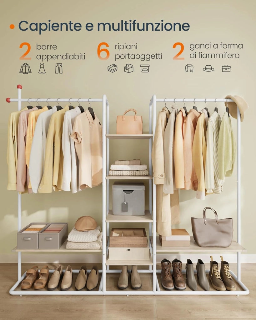 Stand Appendiabiti, Guardaroba Aperto, 6 Ripiani Portaoggetti, 2 Barre, Ganci a Forma di Fiammifero, Armadio Camera da Letto, Beige Naturale e Bianco Opaco RGR012K01