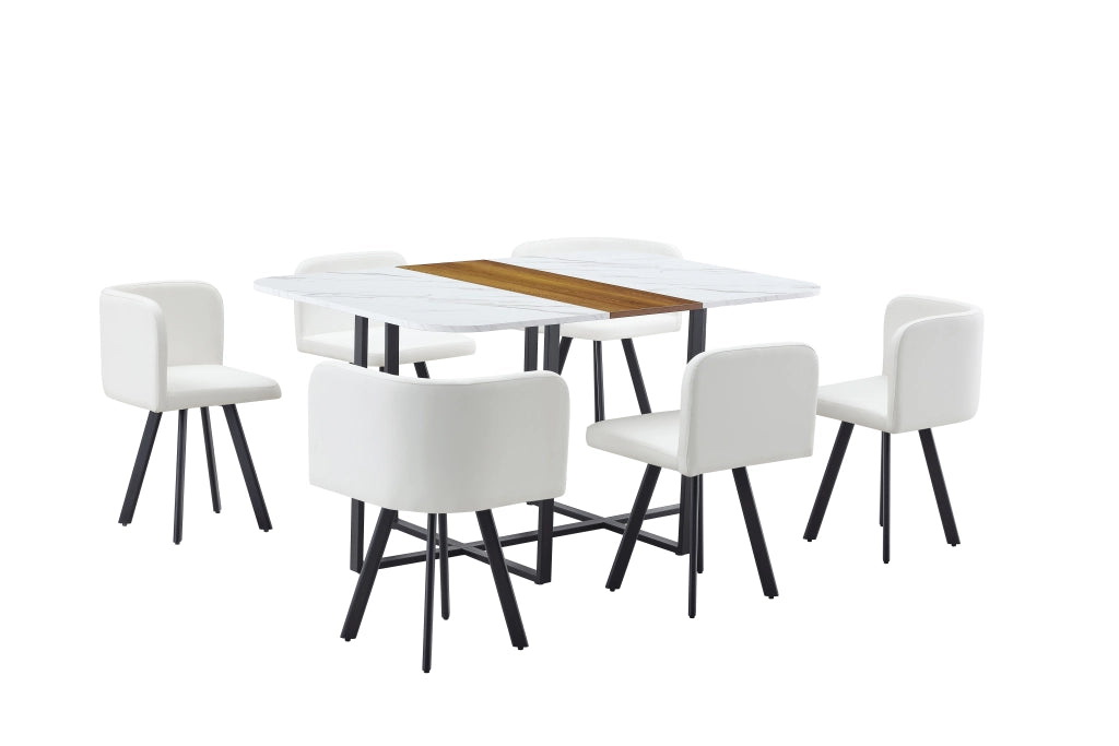 Set tavolo da pranzo allungabile con 4 sedie, piano bianco e struttura nera, da 4 a 6 posti