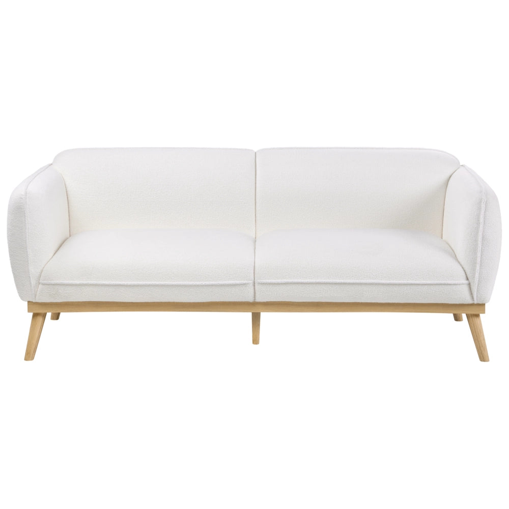 Set da salotto in stile scandinavo con divani a 2 e 3 posti, gambe affusolate in legno e rivestimento in bouclé bianco