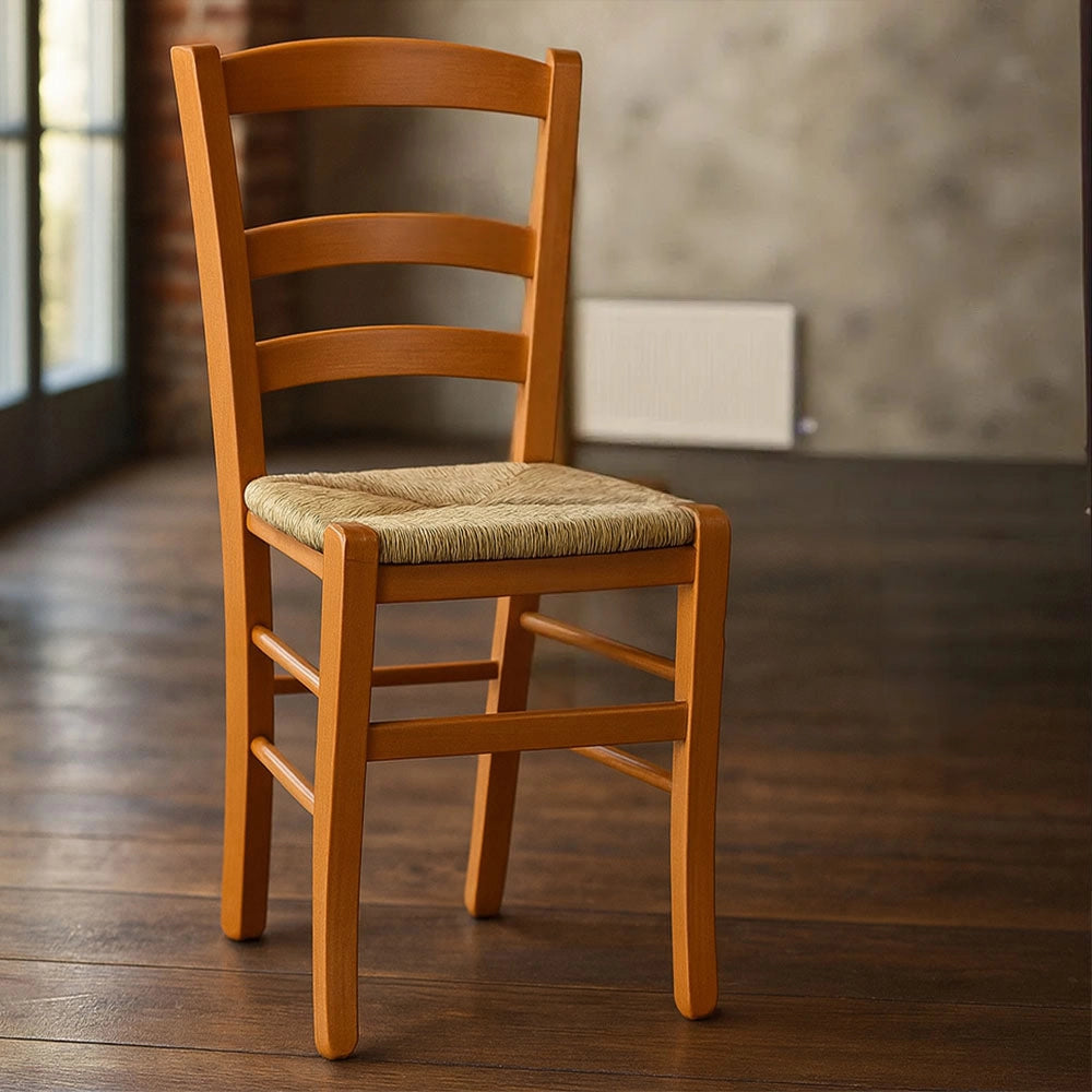 Sedia da sala pranzo Paesana in legno ciliegio con seduta in paglia intrecciata