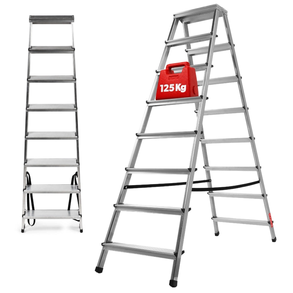 Scala domestica in alluminio KADAX a 8 gradini, pieghevole a doppia faccia, portata massima 125 kg.