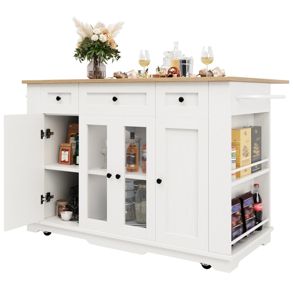 Carrello da Cucina con 1 Cassetto; Piano Ribaltabile; Vetro Temperato e Ripiani; in MDF; Bianco e Naturale