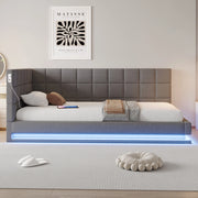 Divano letto imbottito 90x200 cm con LED; porta USB e rete a doghe; in lino grigio