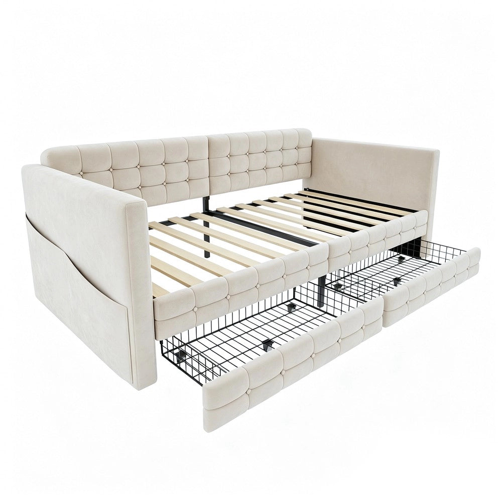 Letto imbottito singolo contenitore ¨C Minimal ¨C velluto beige 90x190 con cassetti