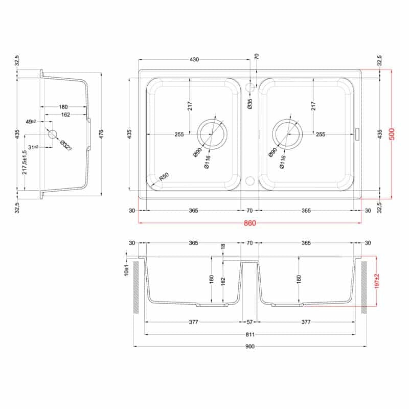 Lavello Elleci Incasso 2 vasche 86x50 Life 450 Granitek Grigio Tortora LG245043