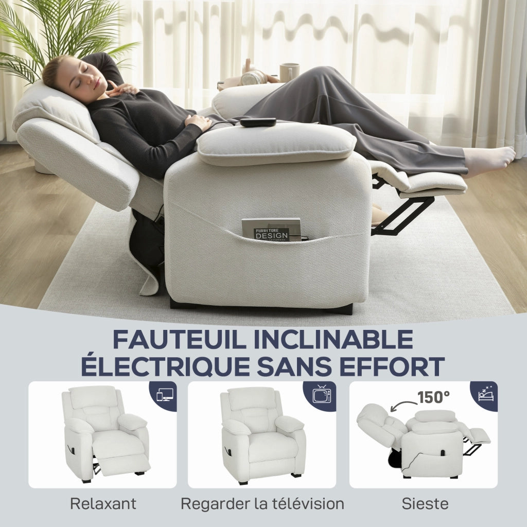Poltrona relax elettrica reclinabile ¨C Xylo ¨C tessuto crema con USB e poggiapiedi 86x90x103cm