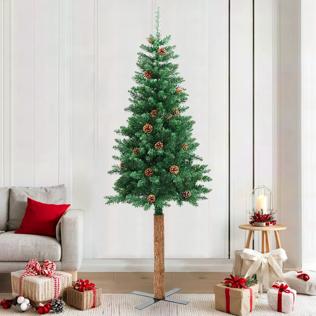 Albero di Natale | Decorazioni natalizie Sottile con Legno Vero e Pigne Verde 210cm PVC