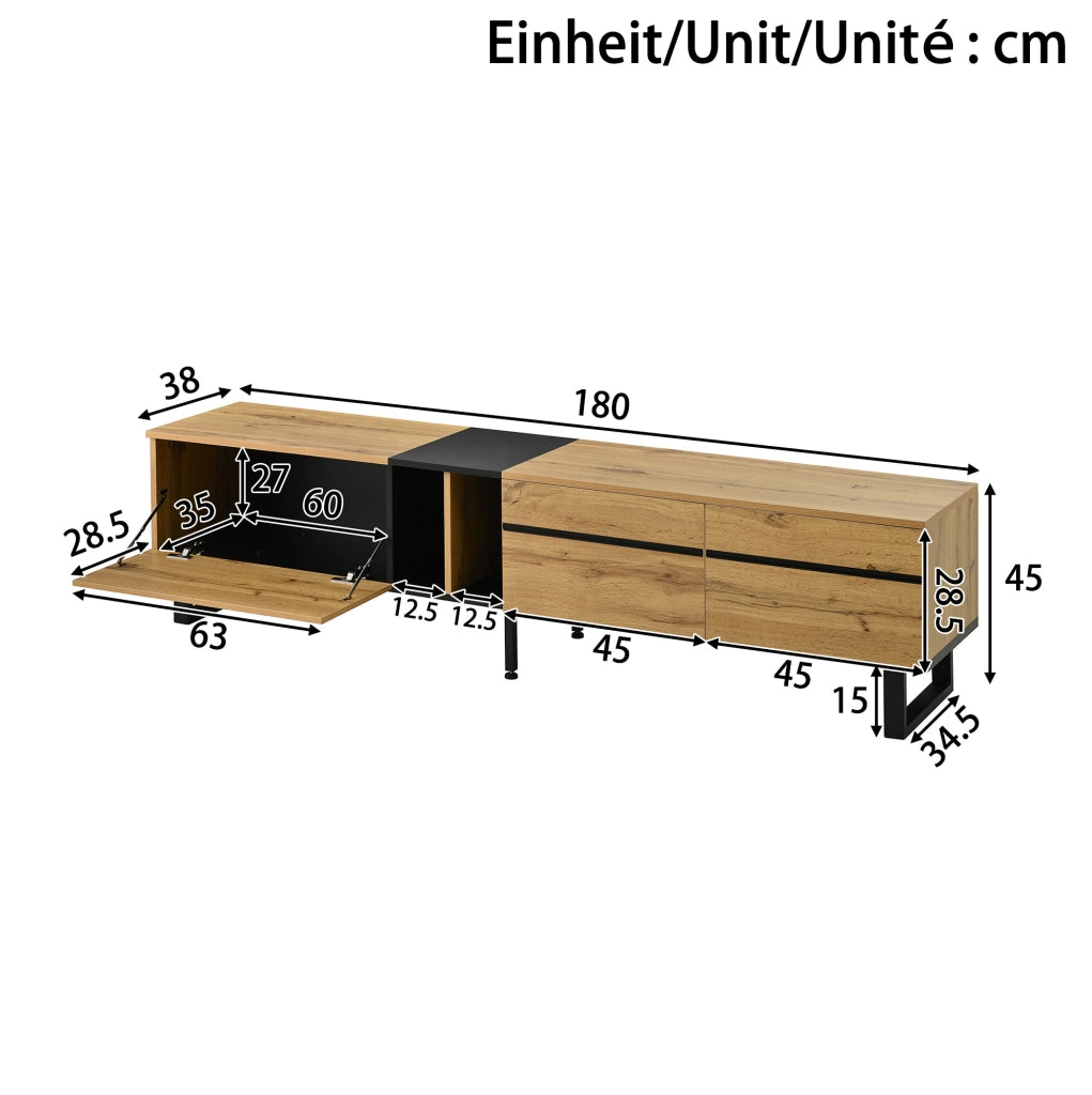 Mobile TV 180x38x45 cm con vano a ribalta; scomparti aperti e ante; in truciolato; naturale