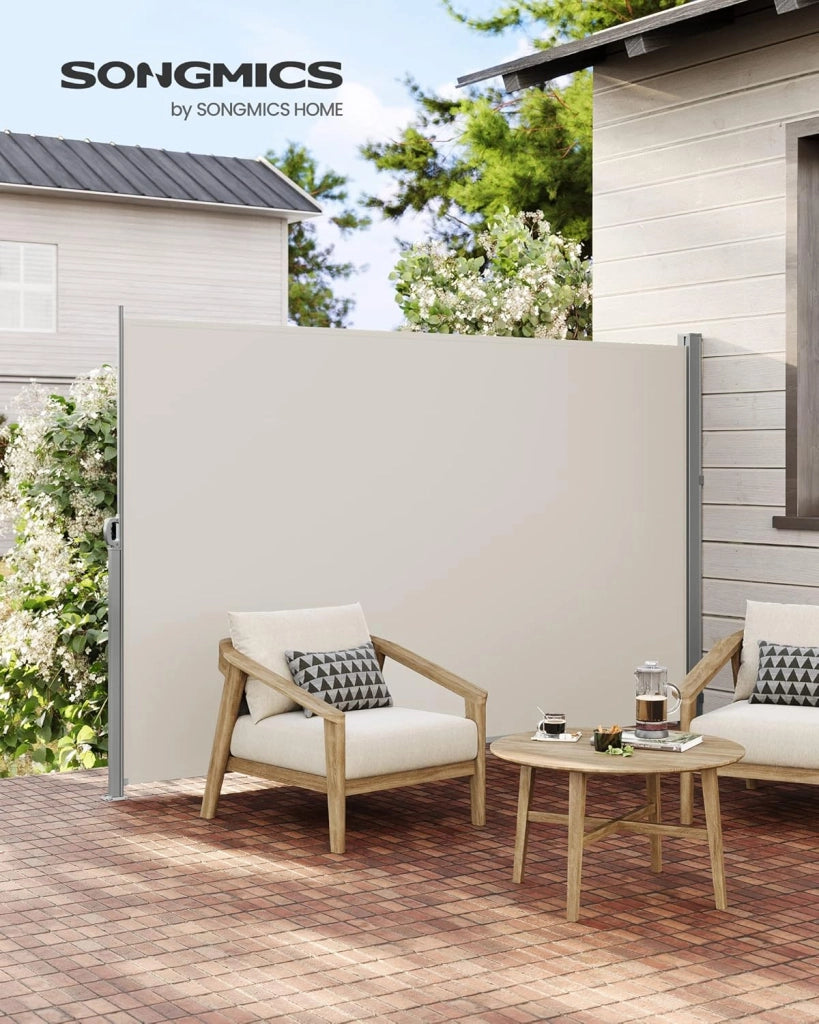 SONGMICS Paravento da Esterno, Tenda da Sole Laterale, Antiruggine, Estensibile, 200 x 300 cm, Frangivista, Parasole Ombreggiante, Tenda da Esterno Balcone Terrazzo Giardino, Beige GSA200K02