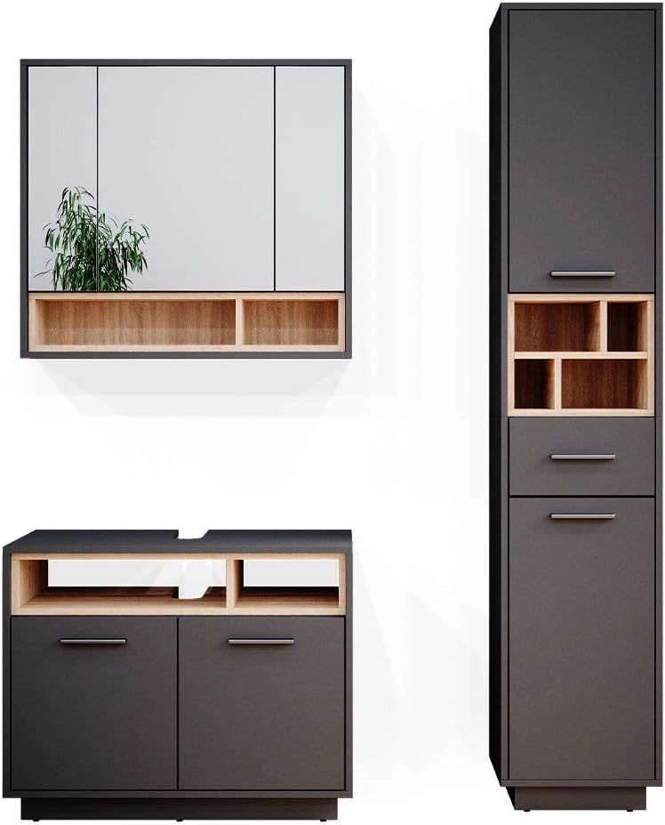 Set mobili bagno Beatrice, Antracite, 80 cm, composto da mobile sottolavabo, specchiera e colonna alta