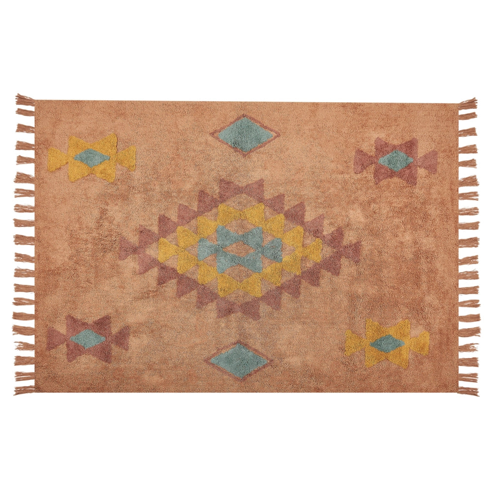 Tappeto in cotone con nappe e motivo a geometrico arancione 140 x 200 cm soggiorno camera da letto