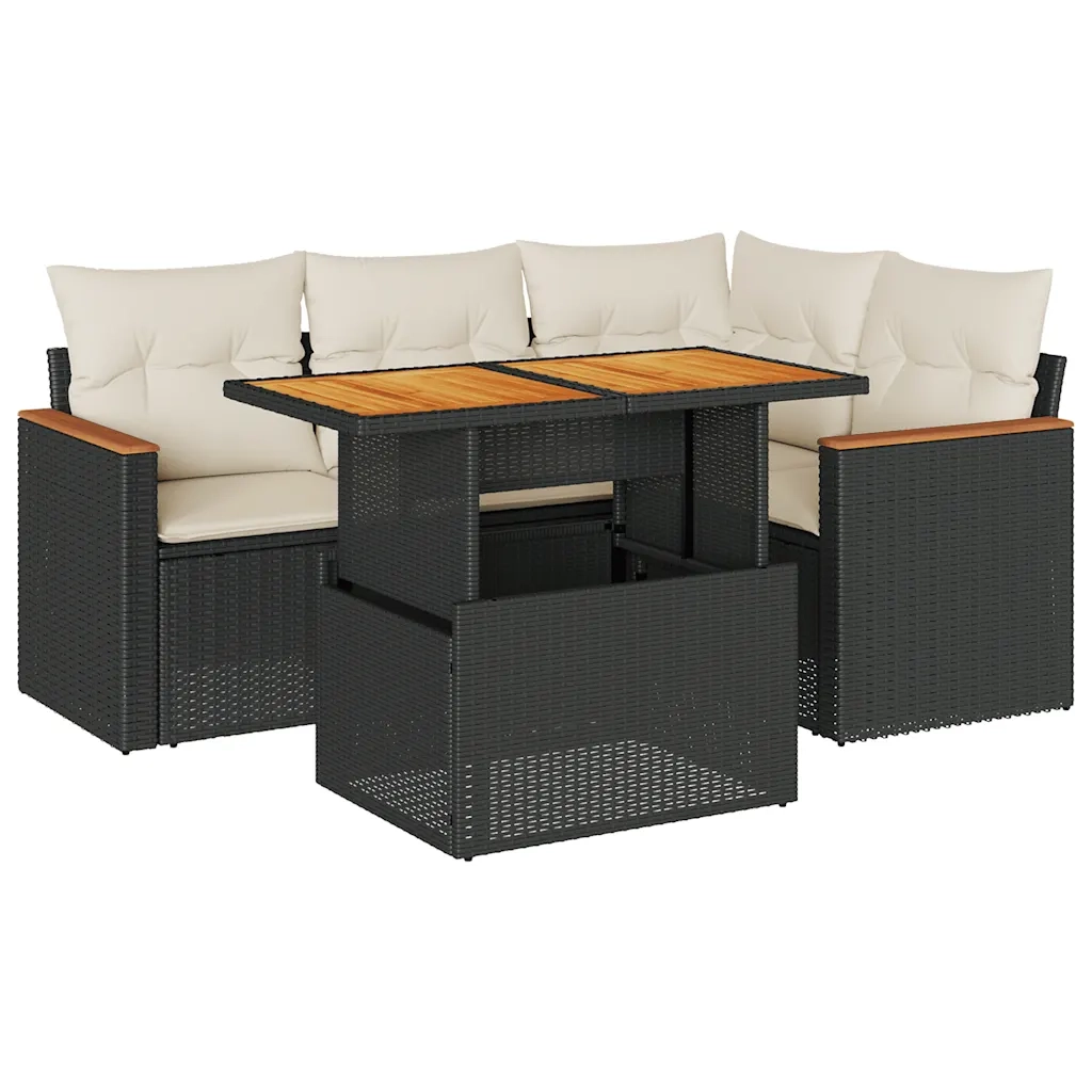 Set Divani da Giardino 5 pz con Cuscini Nero Polyrattan Acacia 3327479
