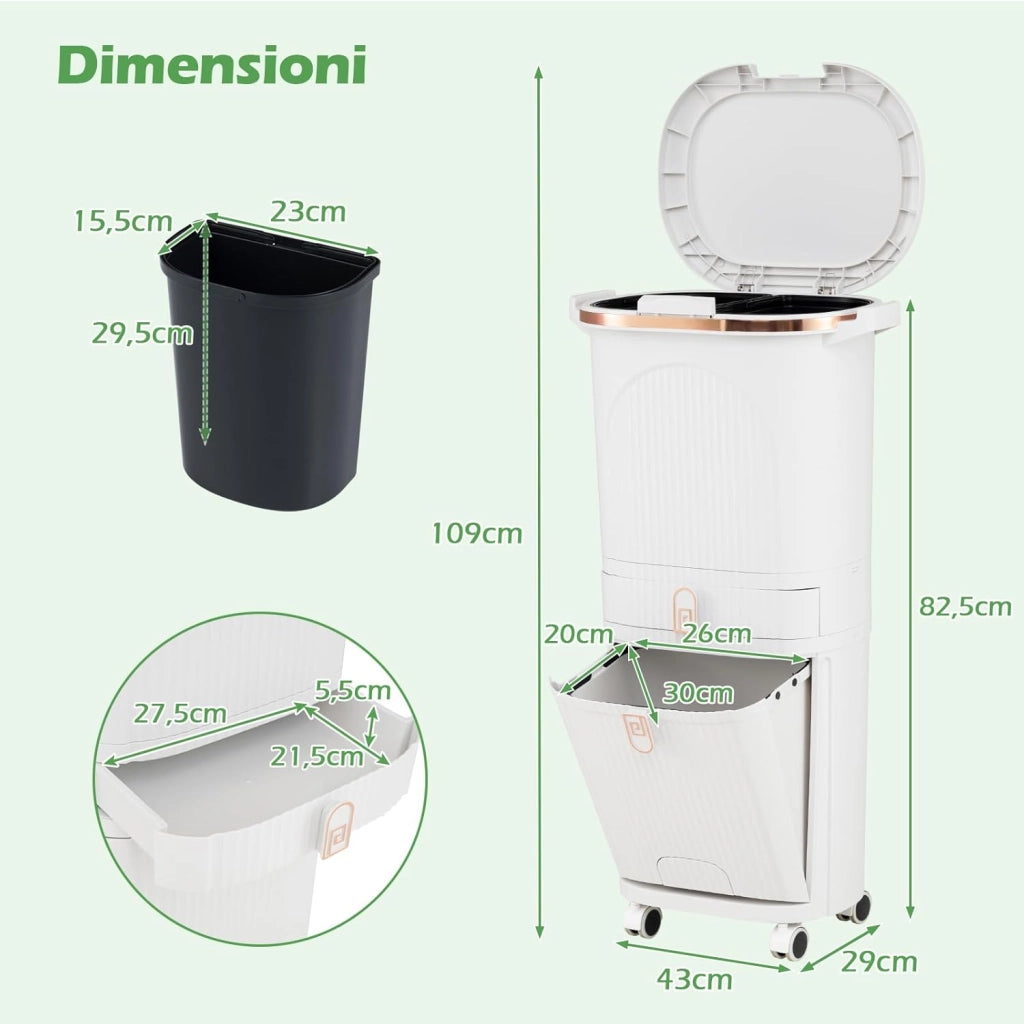 42 L（12+12+14+4 L） Pattumiera Differenziata, Secchio Spazzatura a 3 Scomparti con Cassetto e Coperchi, 2 Secchi Rimovibili Pedale e Ruote, Bidoni Differenziata per Bagno Cucina Ufficio