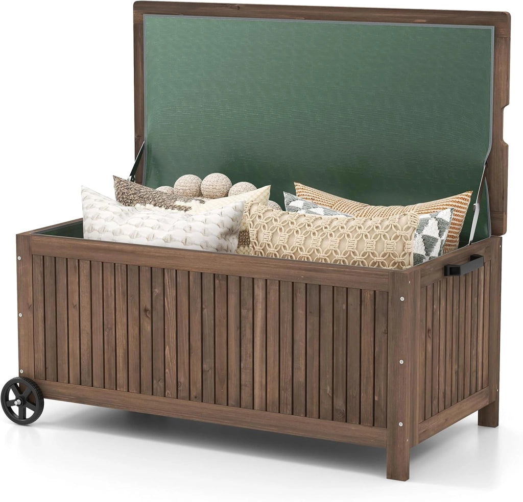 Baule da Giardino in Legno 213 L, Baule da Esterno con Ruote e Maniglie, Interna Resistente all'Acqua, Contenitore Salvaspazio da esterno armadio, 114 x 58,5 x 51 cm