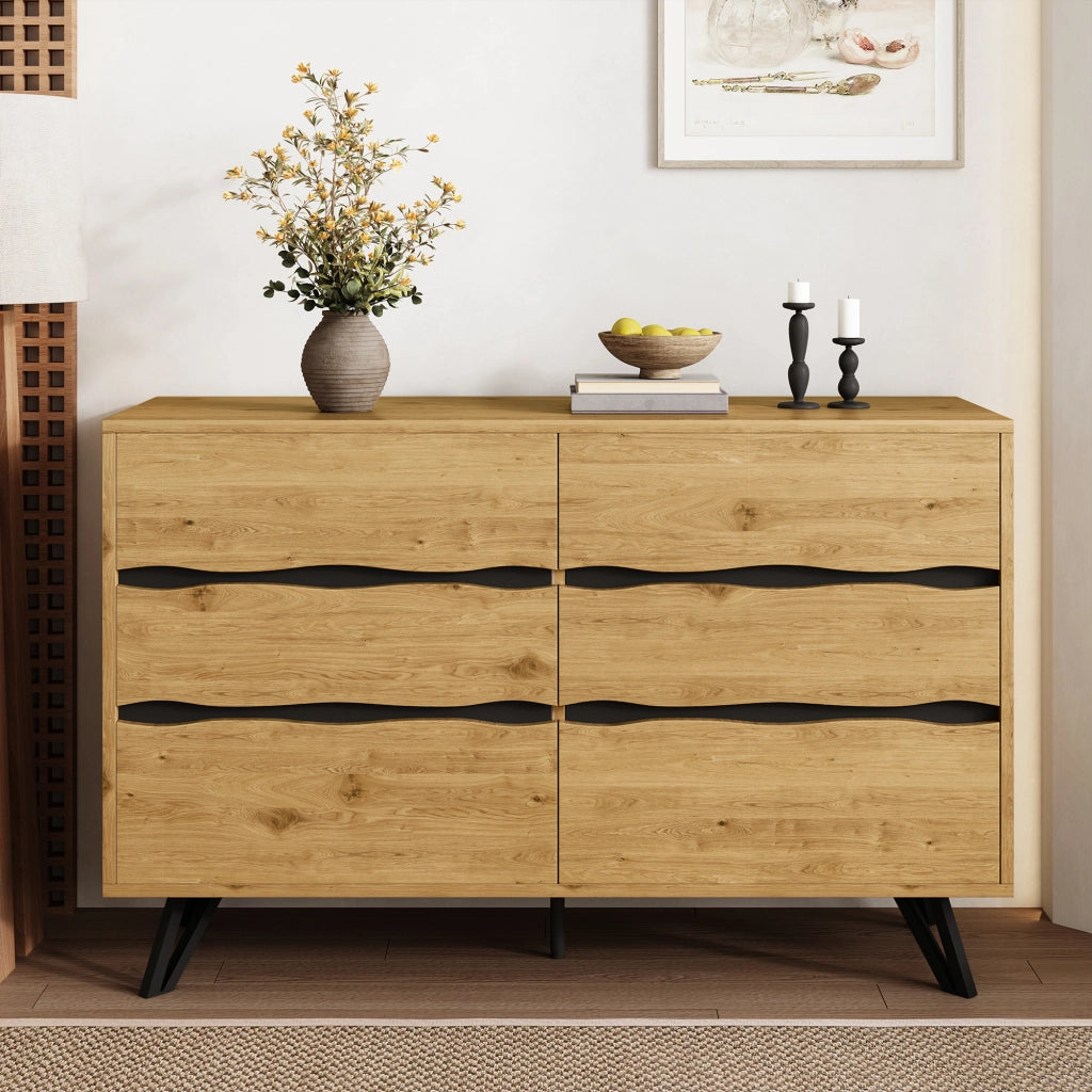 Credenza con 6 Cassetti; Frontali Ondulati e Piedini in Metallo; Stile Moderno; in Pannello Truciolare; Legno; 120??40??75;5 cm