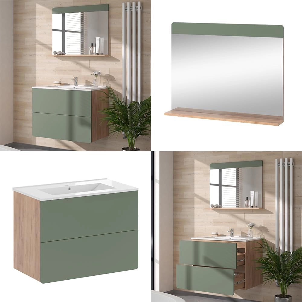 Set di mobili da bagno Izan, Goldkraft rovere/verde, 3 parti con specchio