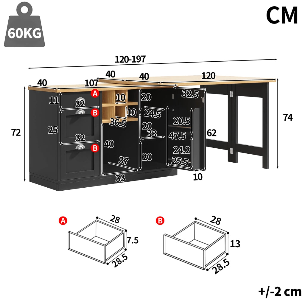 Tavolo da pranzo estensibile con contenitore; isola cucina girevole a 360°; 120 × 40 × 74 cm