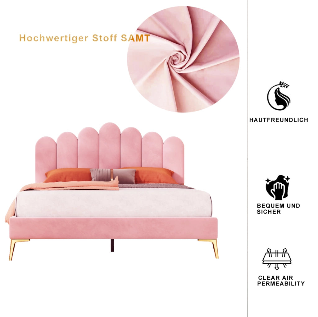 Letto matrimoniale imbottito 140x200 cm in velluto rosa con testiera regolabile