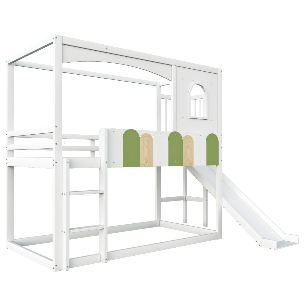 Letto a castello per bambini 90x200 cm con scivolo; casetta e finestra; bianco
