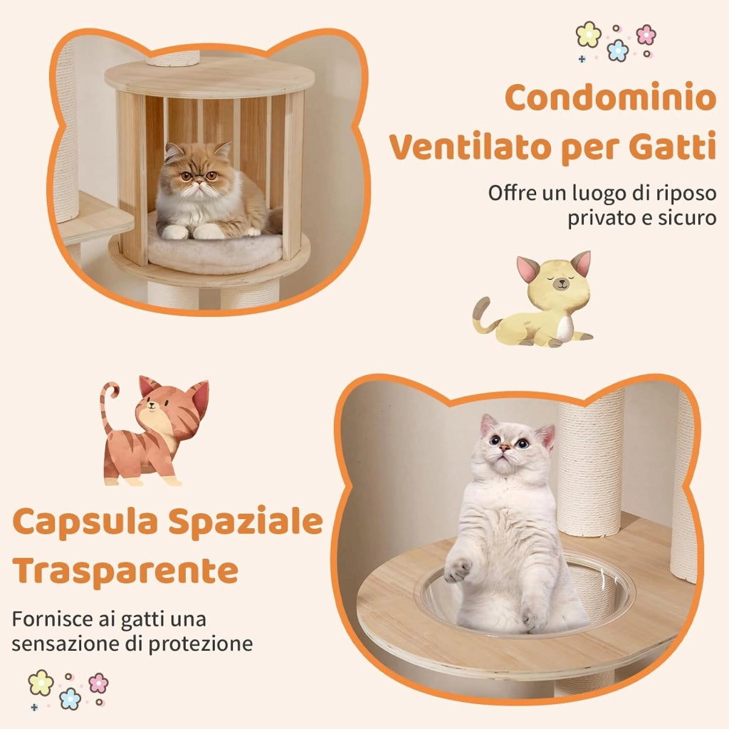 Albero per Gatti Alto 185 cm. Tiragraffi per Gatti in Plywood Solido con Condo, Posto d’Osservazione, Capsula Spaziale, Posti per Graffiare, Scala a 3 Gradini, Mobili per Animali da Interno