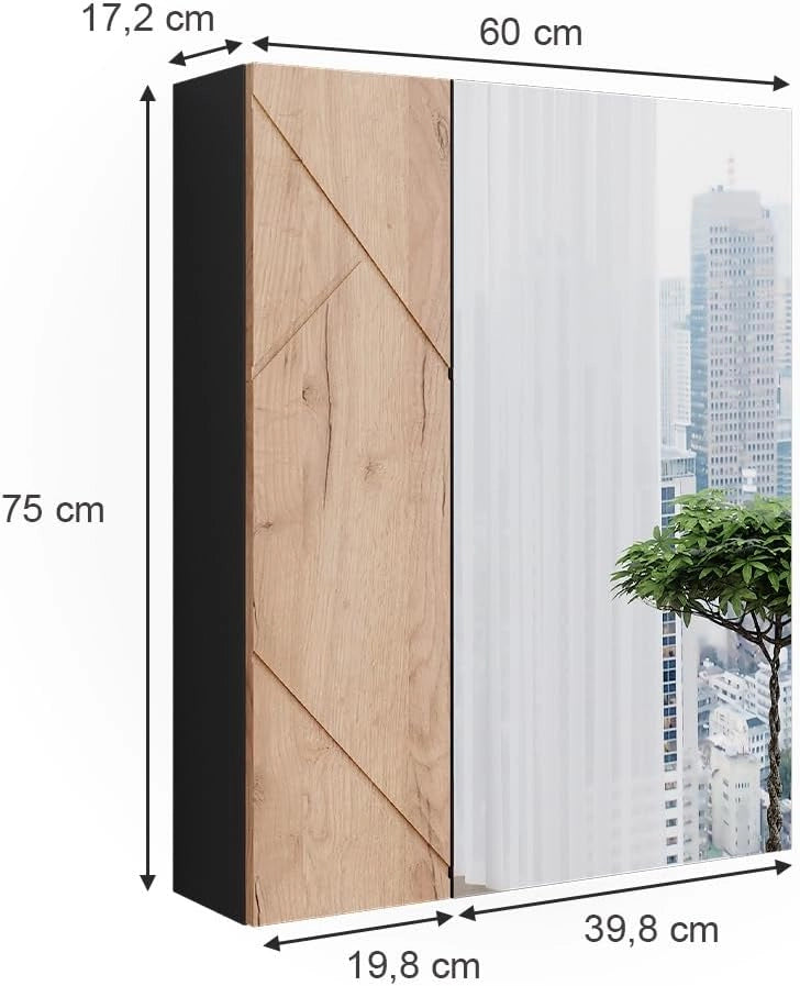 Mobile a specchio per bagno Irma, Antracite/quercia dorata, 60 x 75 cm, per montaggio a parete con superficie a specchio integrata