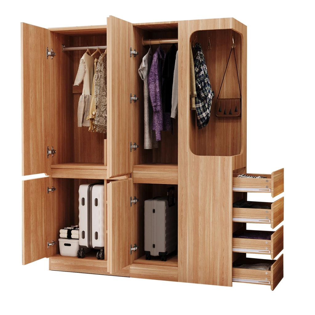 Armadio con 3 ante e 4 cassetti, area appendiabiti aperta e 3 vani contenitore, in legno, naturale 140 × 40 × 170 cm