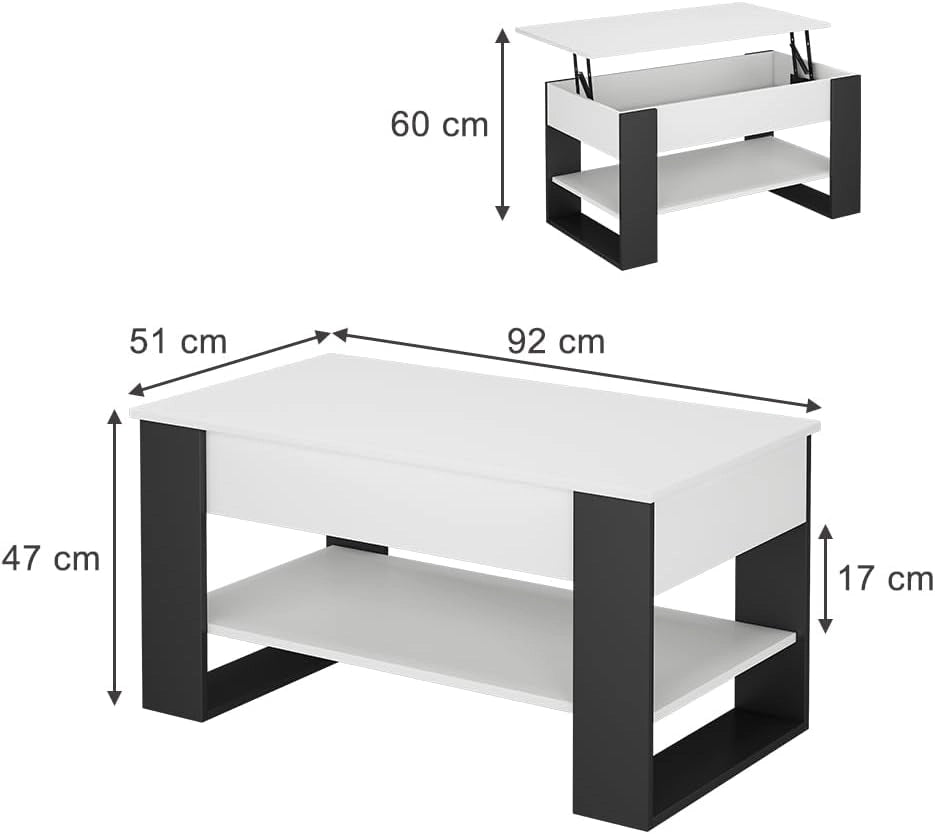 Tavolino Lifto, Bianco/antracite, 92 x 51 cm con funzione di sollevamento