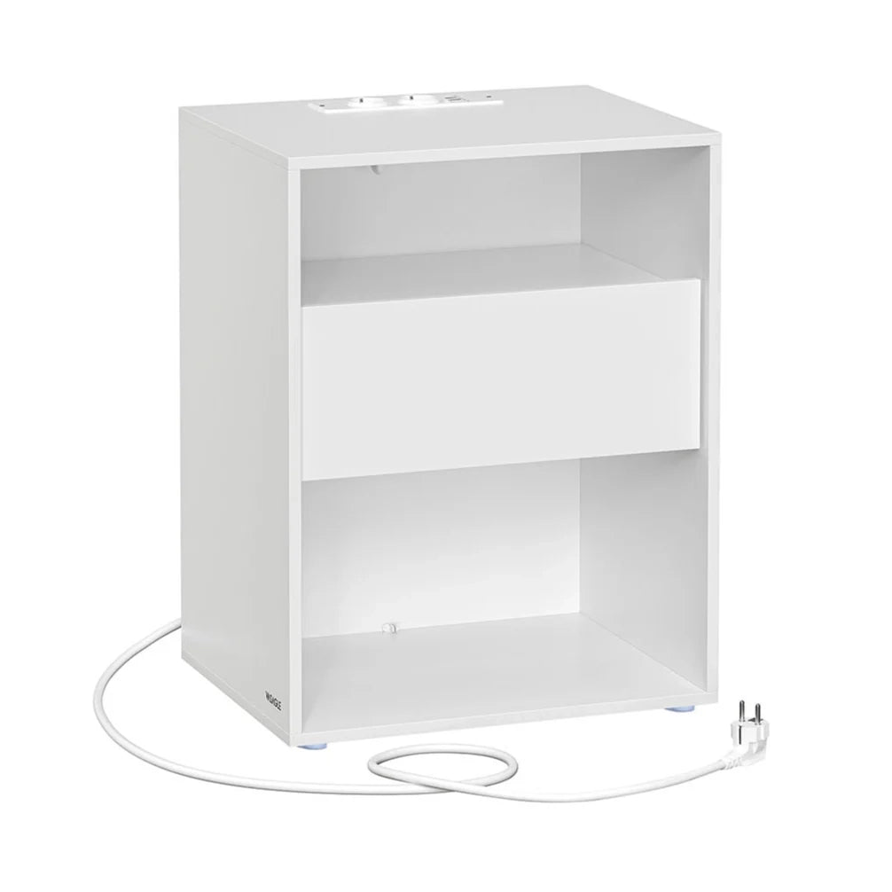 Comodino da montare senza attrezzi set da 2 tavolino con multipresa e cassetto moderno per camera da letto o soggiorno bianco 12_0007594