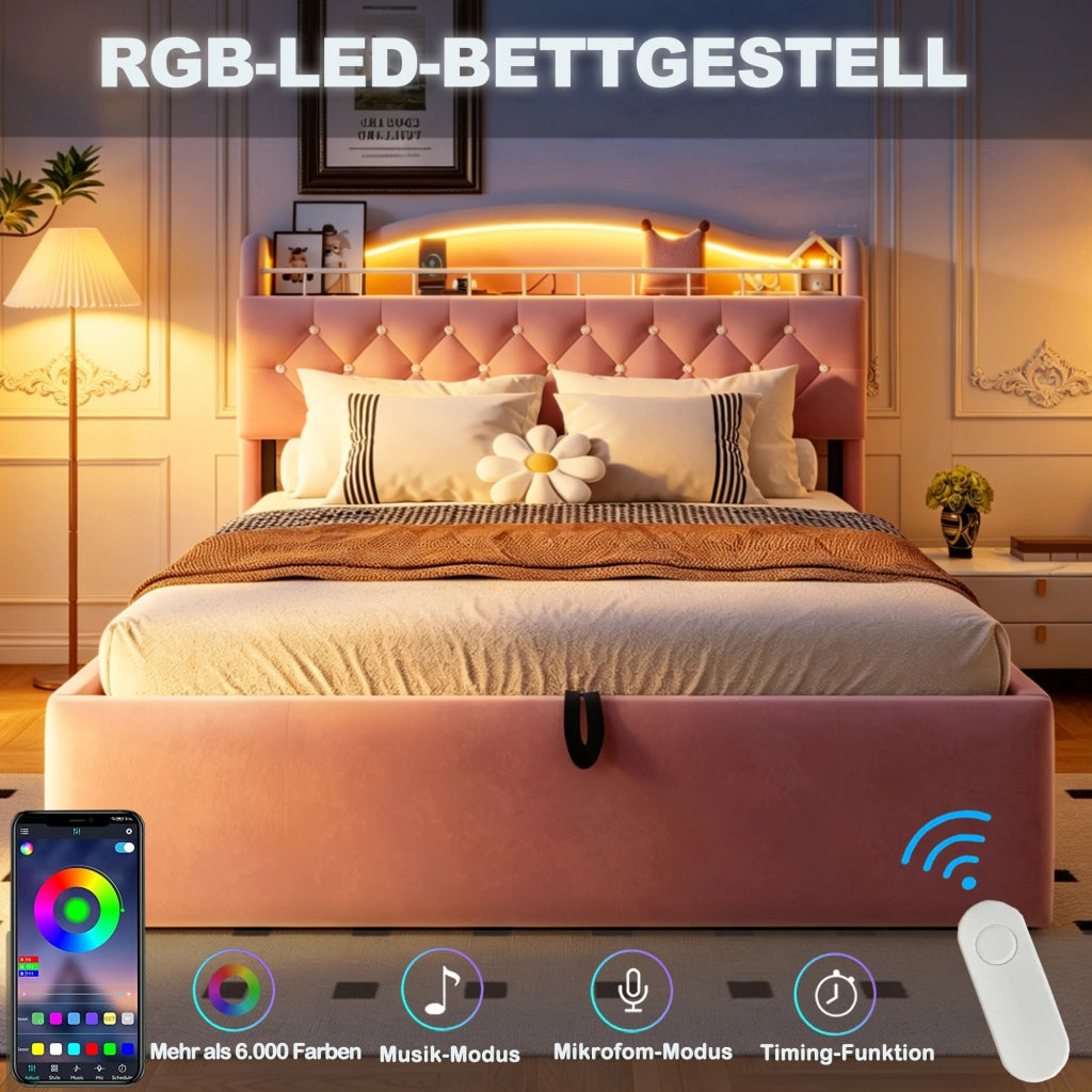 LETTO Contenitore 180x200 cm in Velluto Rosa con LED USB e USB-C
