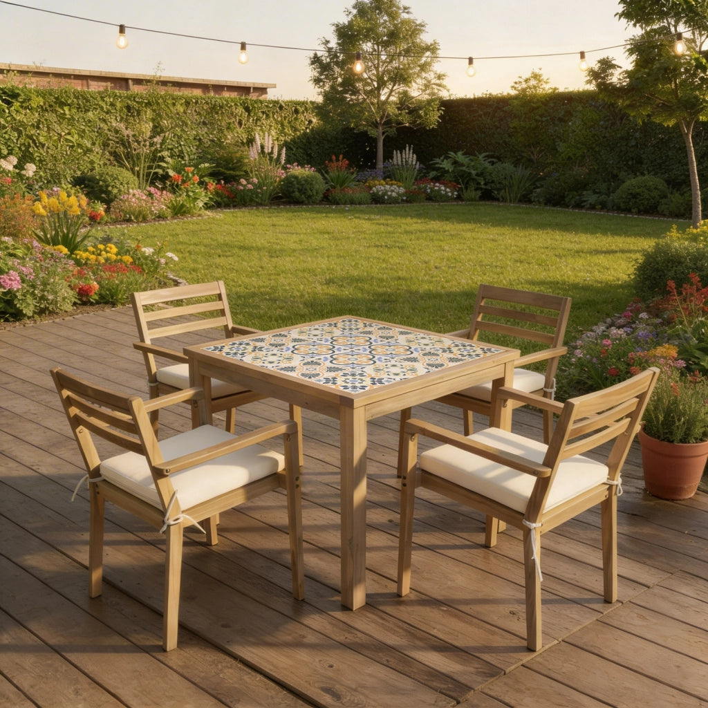 Tavolo e sedie da giardino FARO a 4 posti in acacia e ceramica