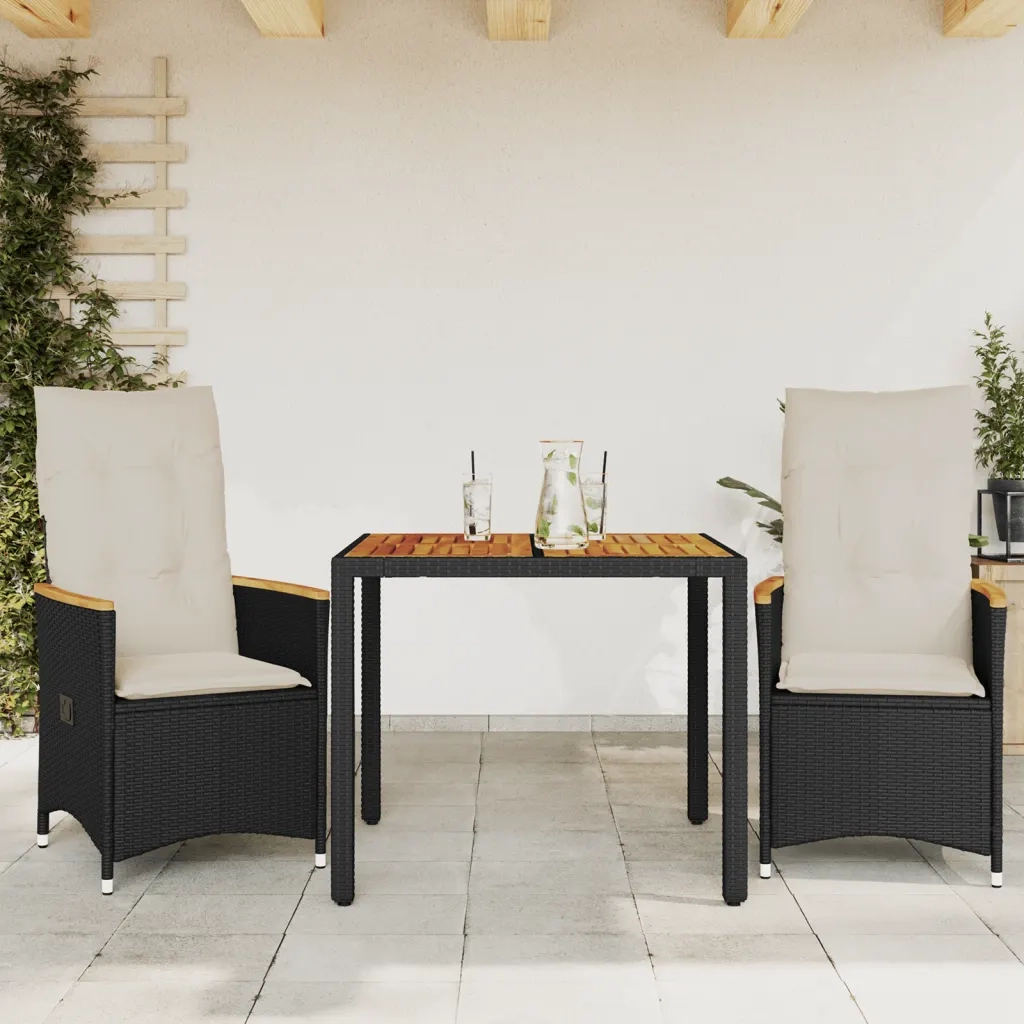 Set da BistrÃ² 3 pz con Cuscini Nero in Polyrattan