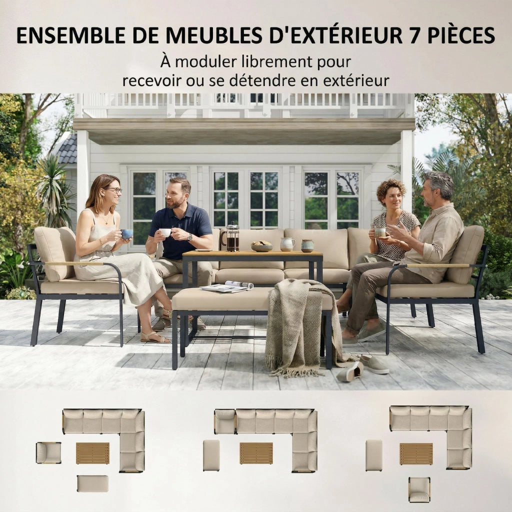 Set Giardino 7 Pezzi Divano Angolare Esterno con Tavolo e Pouf ¨C zephmum ¨C Beige e Grigio